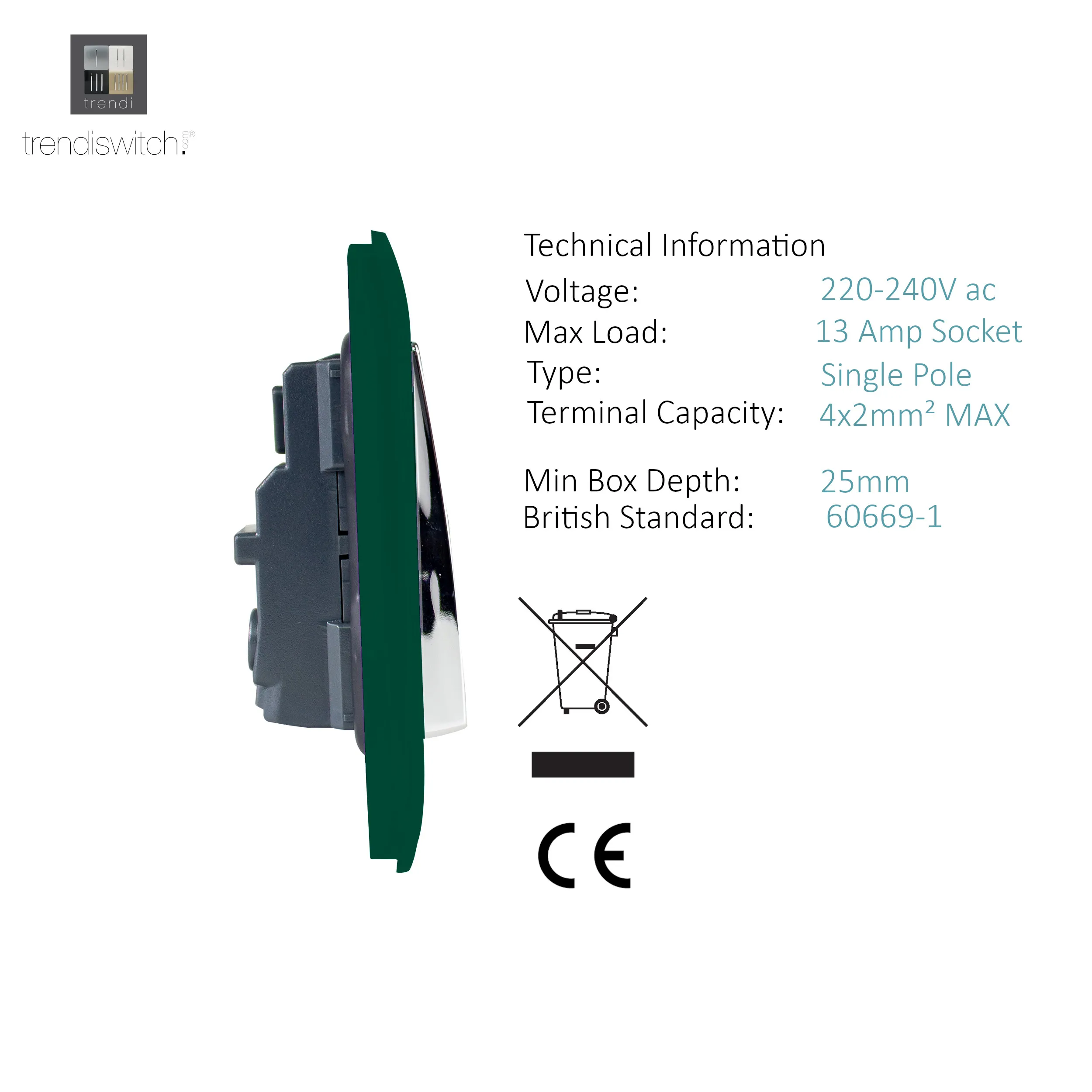 2 Gang 13Amp Long Switched Double Socket Dark Green ART-SKT213LDG  Trendi Dark Green
